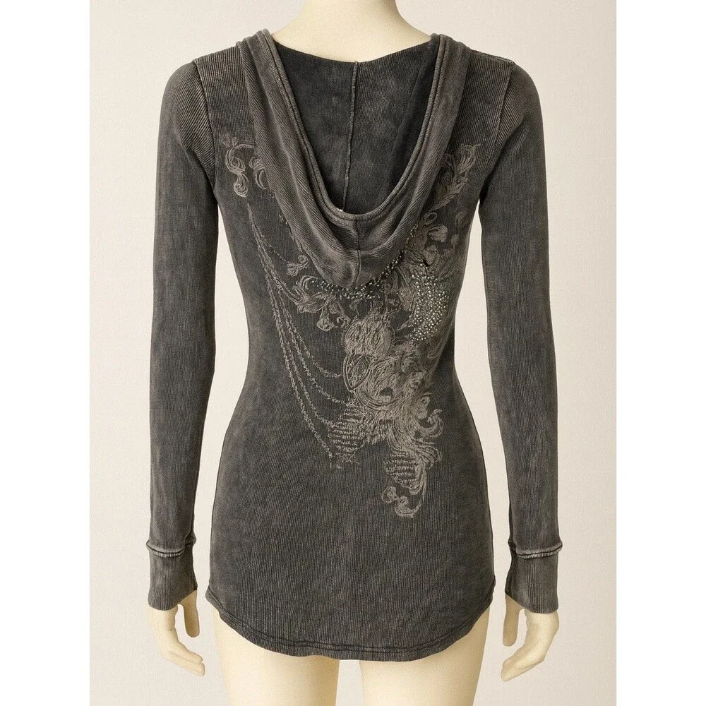 Vtg Y2K stonewashed Graphic Thermal Henley Hoodie Rhinestone embellished Sz M